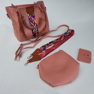 Women’s Purse Set – Pink Tote Bag, Pouch & Wallet – Everyday Casual Shoulder Bag